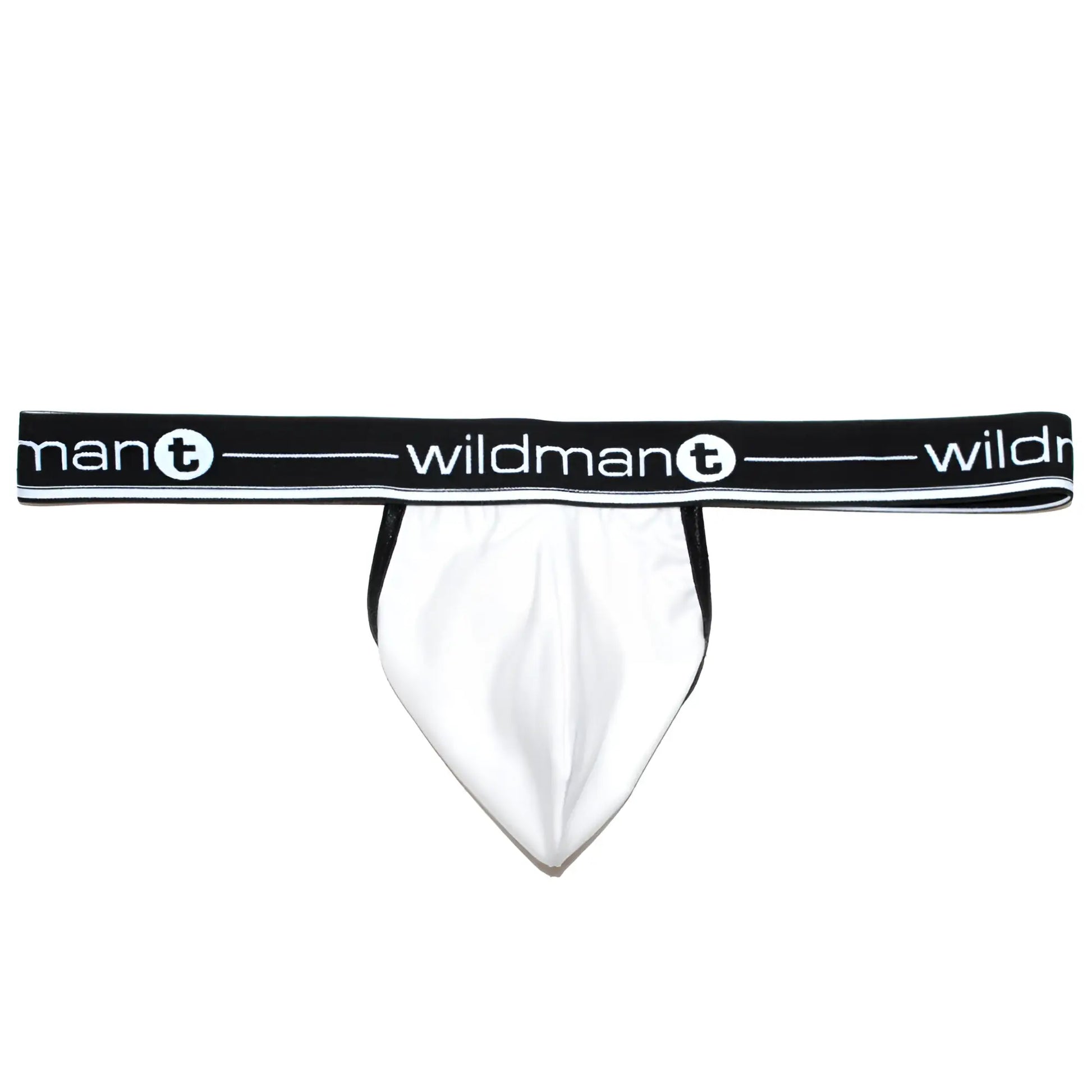 White WildmanT Big Boy strapless jockstrap with a white pouch and a black waistband featuring white logo text.