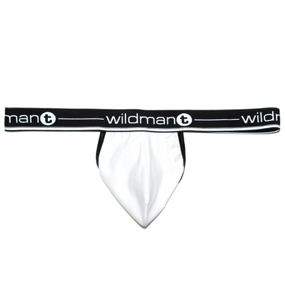 White WildmanT Big Boy strapless jockstrap with a white pouch and a black waistband featuring white logo text.