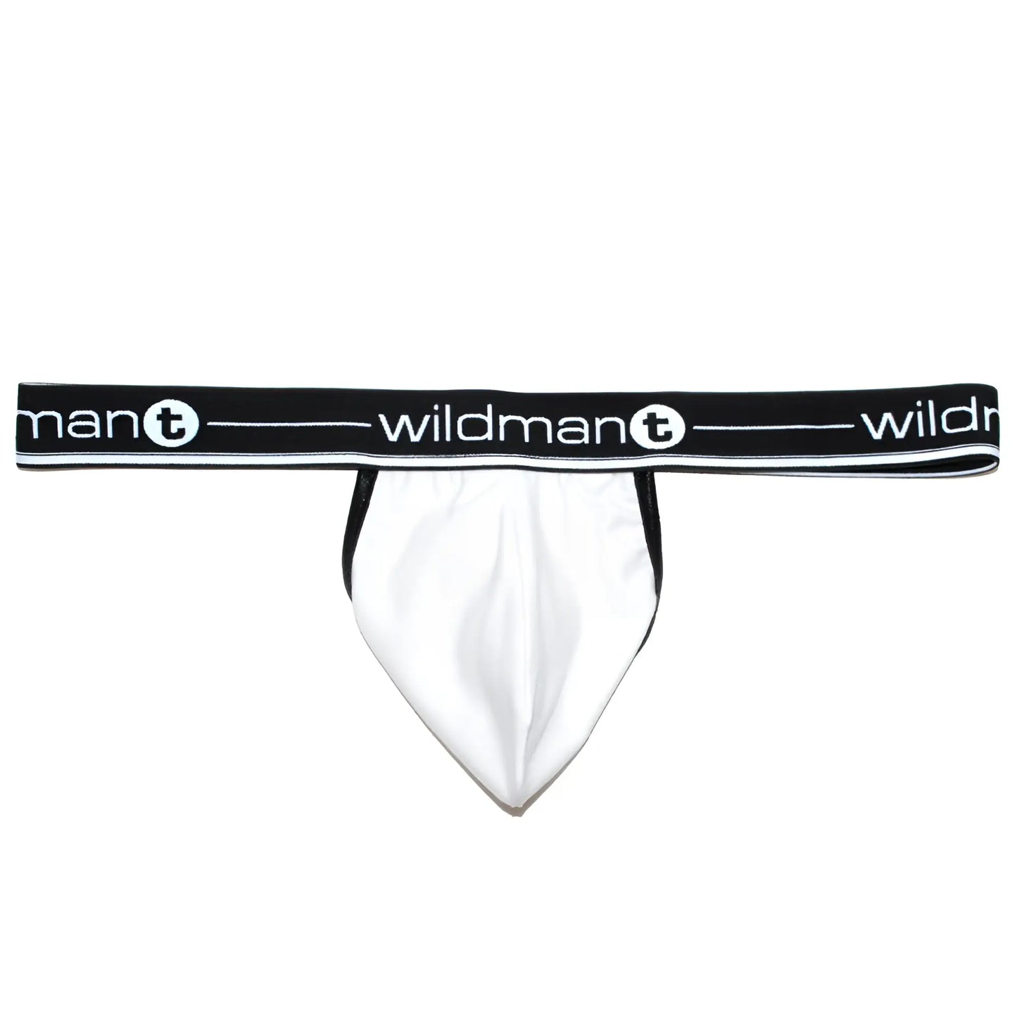 White wildman t briefs with black elastic waistband featuring the brand logo in white lettering front view