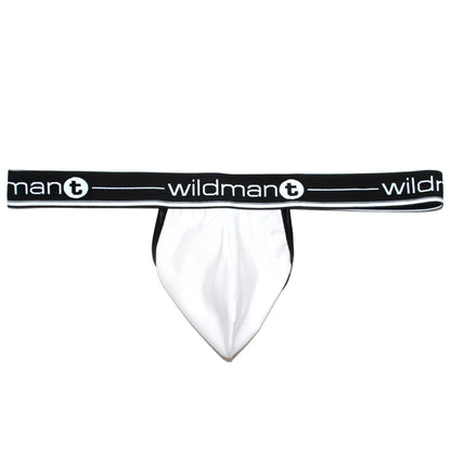 White wildman t briefs with black elastic waistband featuring the brand logo in white lettering front view