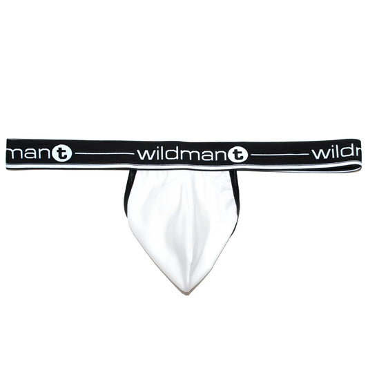 White wildman t briefs with black elastic waistband featuring the brand logo in white lettering front view