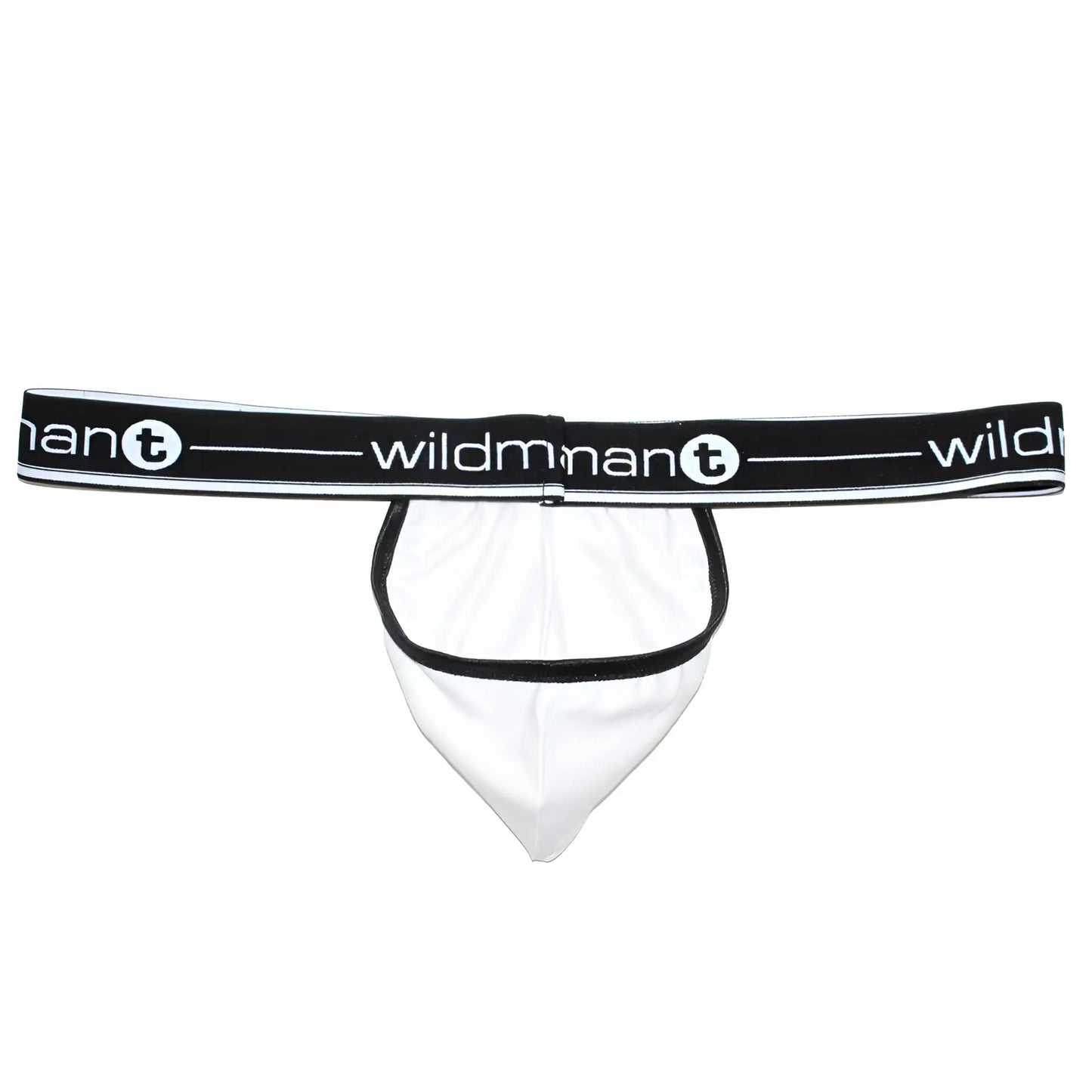 White wildman t thong with black elastic waistband and trim featuring big boy pouch strapless jock design