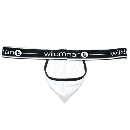 White wildman t thong with black elastic waistband and trim featuring big boy pouch strapless jock design