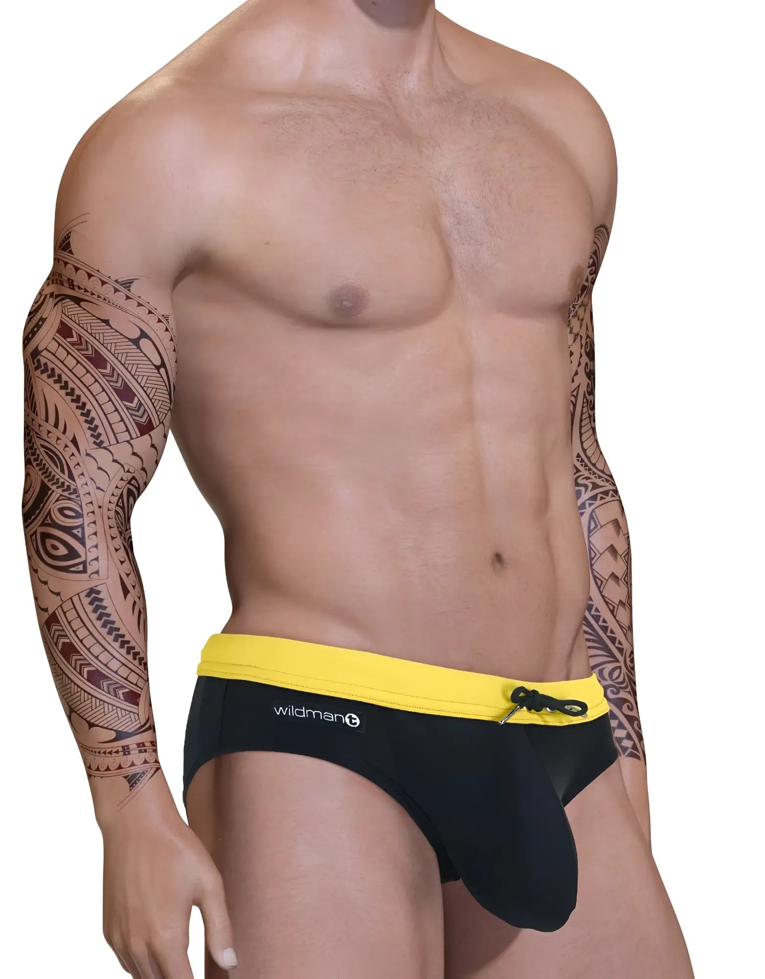 Yellow and black Big Boy pouch swim bikini with a front drawstring, worn by a muscular man with tribal arm tattoos.