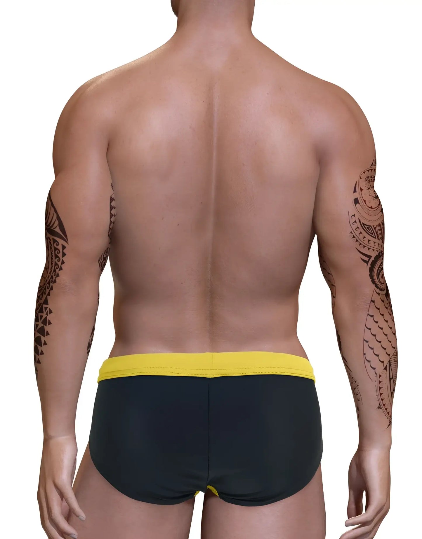 Back view of a muscular man with tribal arm tattoos wearing a black swim bikini with a yellow waistband.