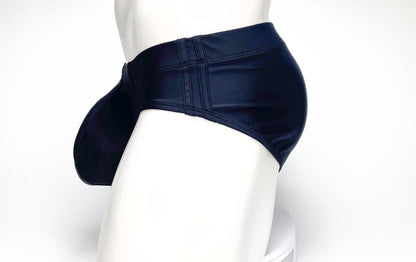 Wildmant big boy pouch swim brief in dark navy blue glossy faux leather with a prominent side pouch and stitched detailing