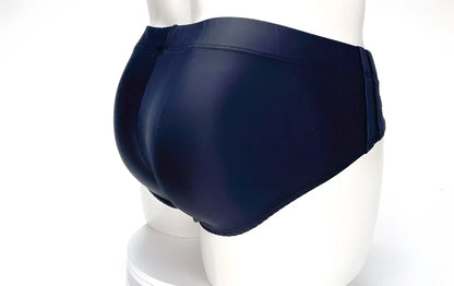 Rear view of WildmanT Big Boy black swim brief on a white mannequin, showing a smooth, full-coverage fit.