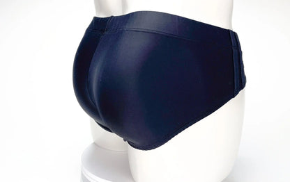 Wildmant big boy pouch swim brief in dark navy blue smooth glossy fabric with a snug fit for swimming