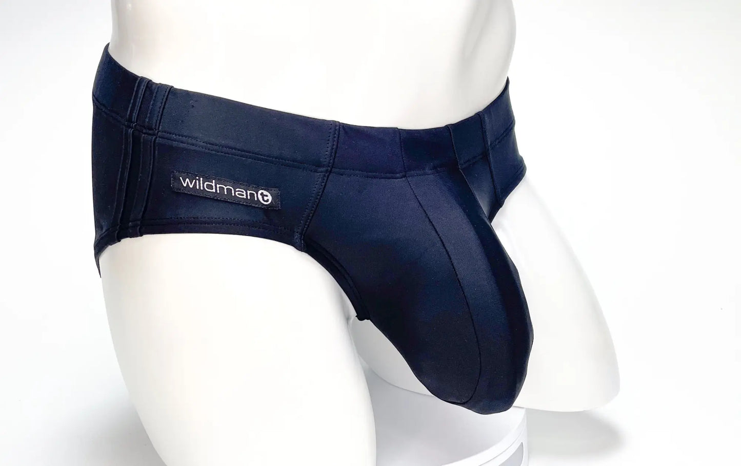 Wildmant big boy pouch swim brief in black featuring dark navy blue color, sleek fit, and reinforced stitching