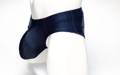 Navy blue faux leather jockstrap with reinforced seams and contoured design wildmant big boy pouch swim brief black