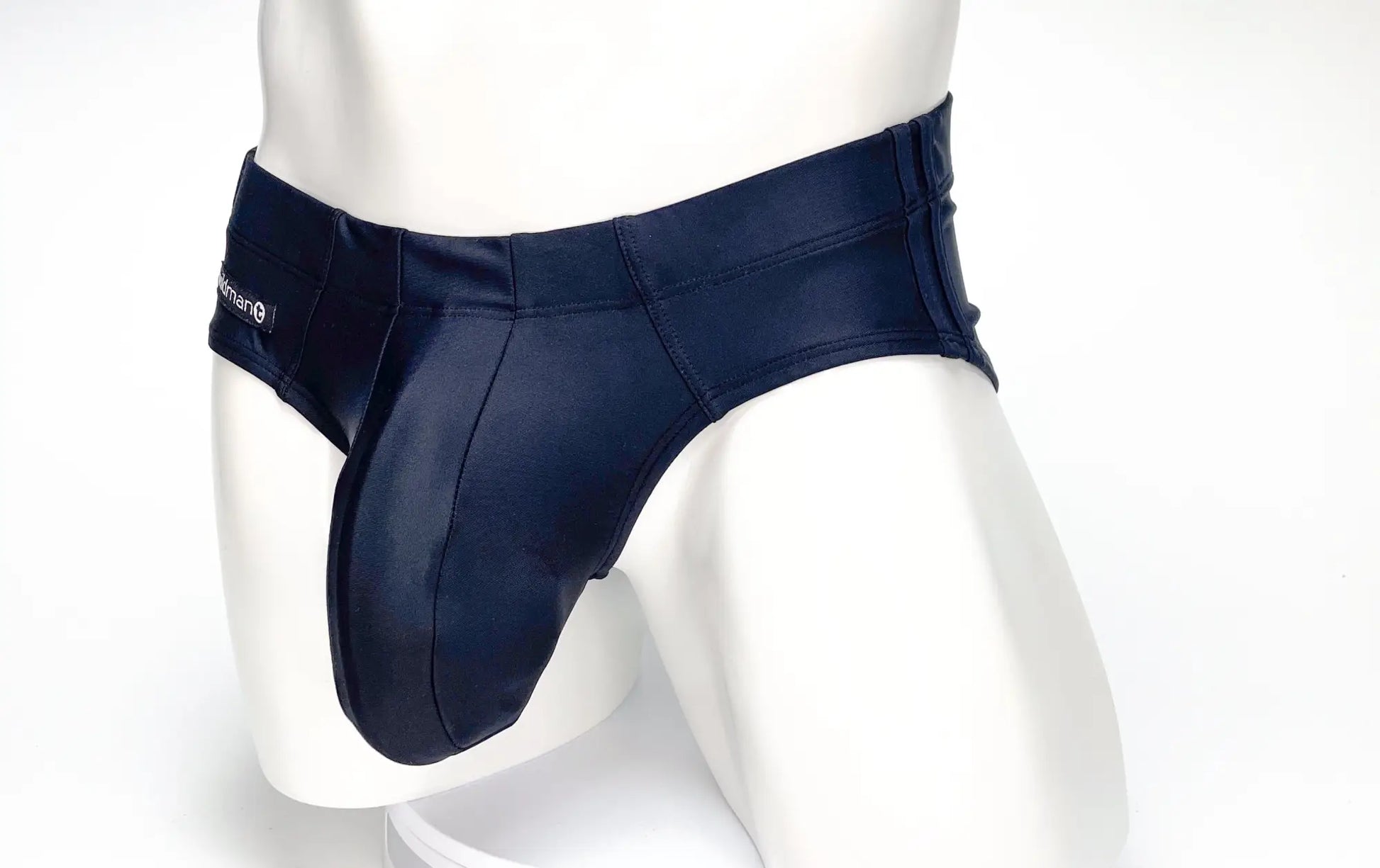 WildmanT big boy pouch swim brief black in navy blue patent leather with sleek form fitting design and subtle stitching details