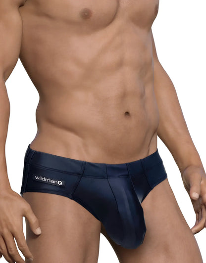 Navy blue satin-like fabric swim briefs with wildman brand label on waistband big boy pouch design