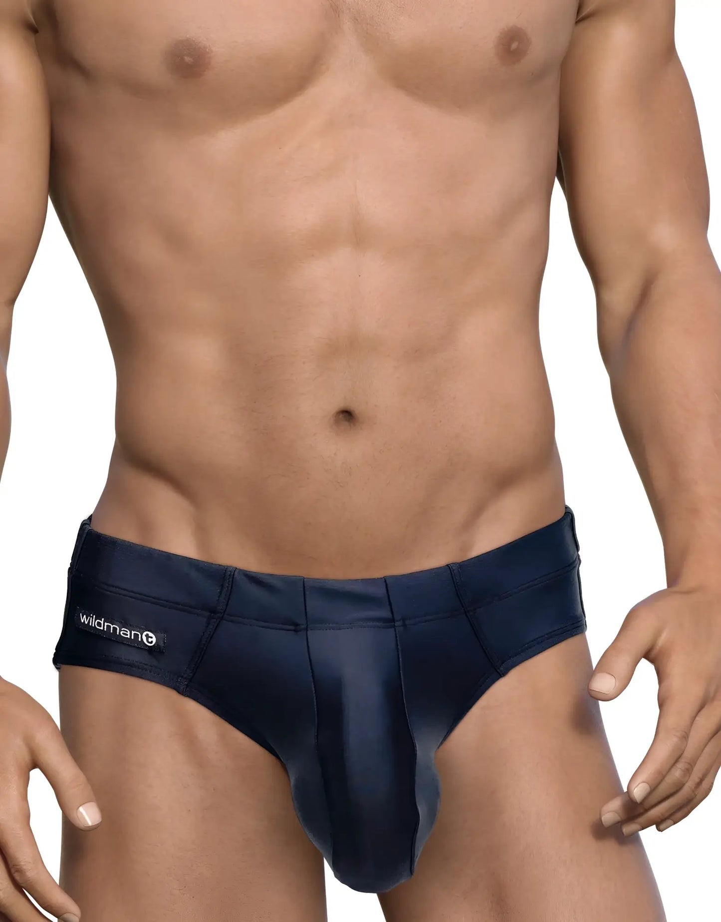 Navy blue satin wildman big boy pouch swim briefs with sleek form fitting design and branded waistband