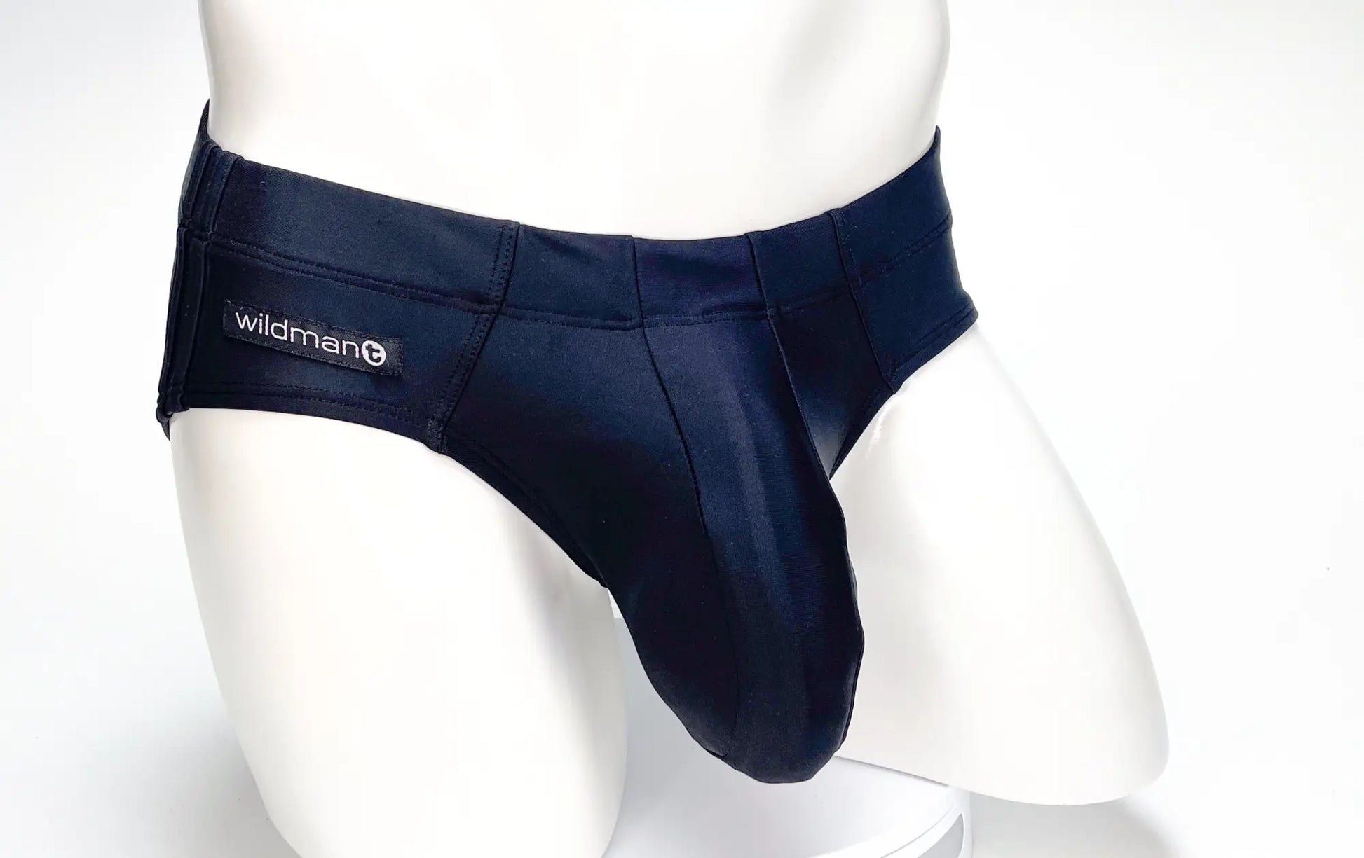 Navy blue satin wildman big boy pouch swim briefs with branded waistband for swimwear use