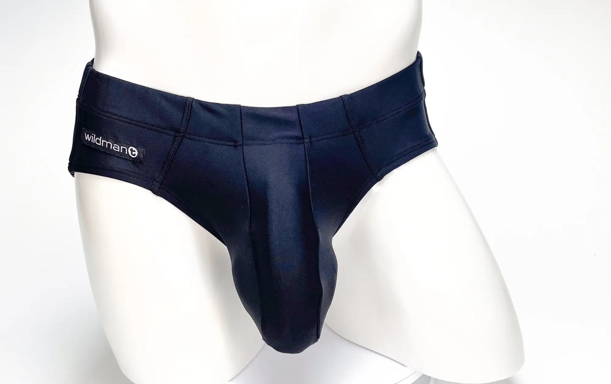 Navy blue satin wildman big boy pouch swim brief black with branded waistband for comfortable swimwear use