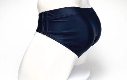 Navy blue shiny faux leather high-waisted swim trunks wildmant big boy pouch swim brief black front view