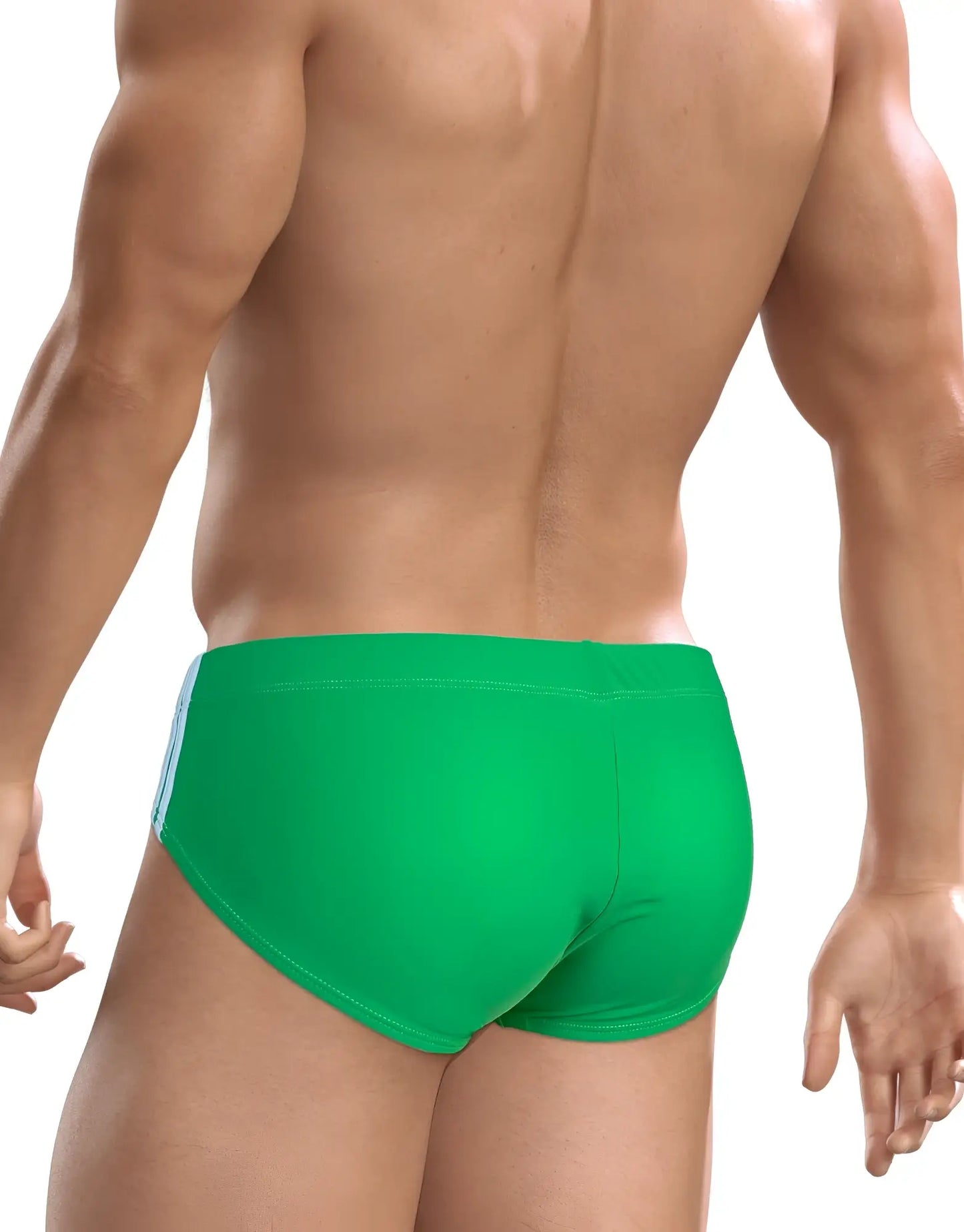Back view of a muscular man wearing a vibrant green WildmanT Big Boy Pouch swim brief with light blue side stripes.