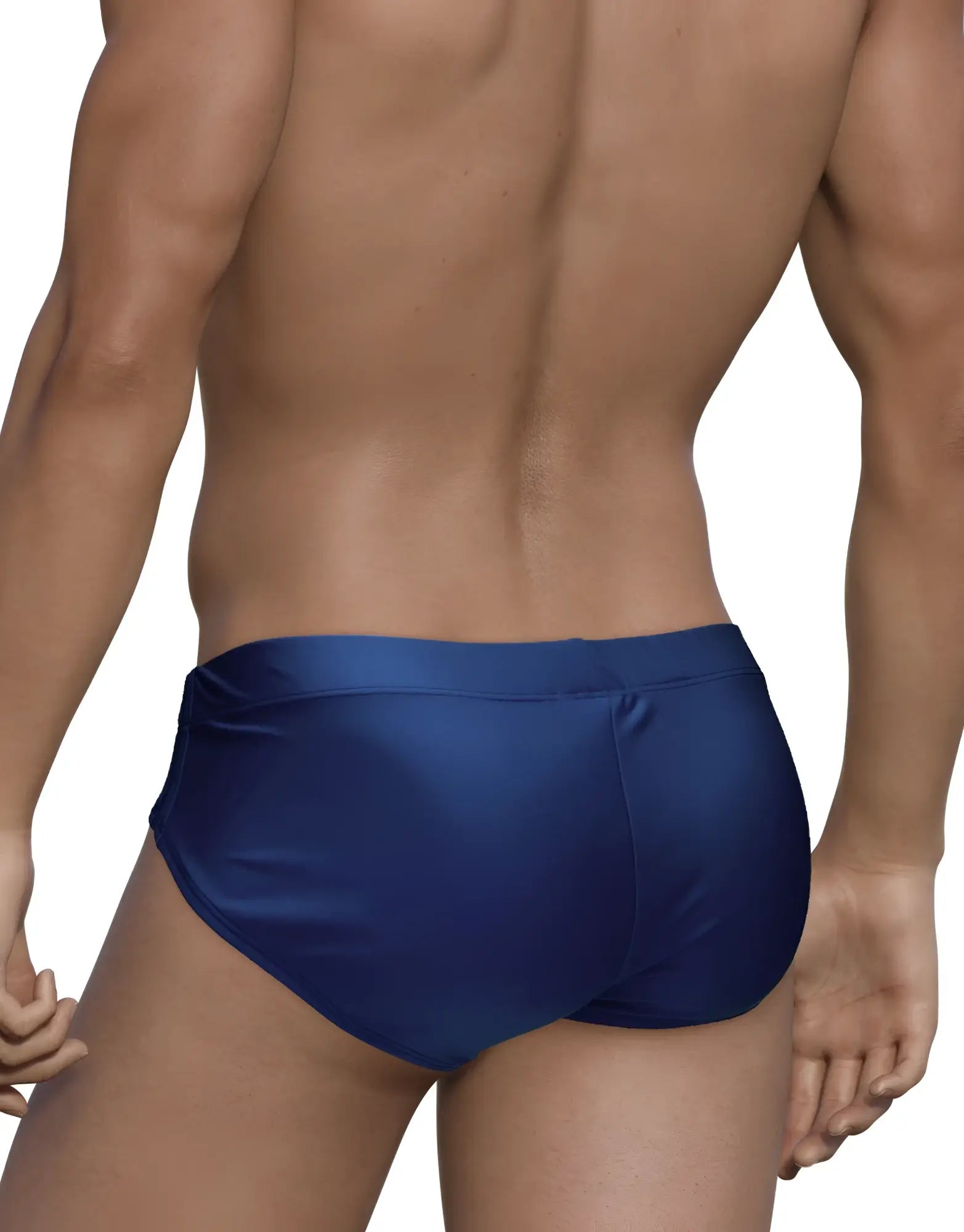Wildmant big boy pouch swim brief navy in deep blue satin with a smooth glossy finish for comfortable swimwear