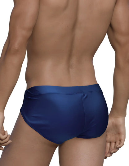 Wildmant big boy pouch swim brief navy in deep blue satin with a smooth glossy finish for comfortable swimwear