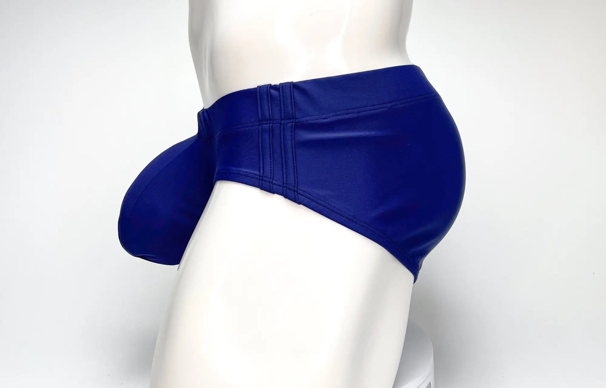 Royal blue faux leather swim briefs with a prominent pouch design by WildmanT Big Boy Pouch Navy