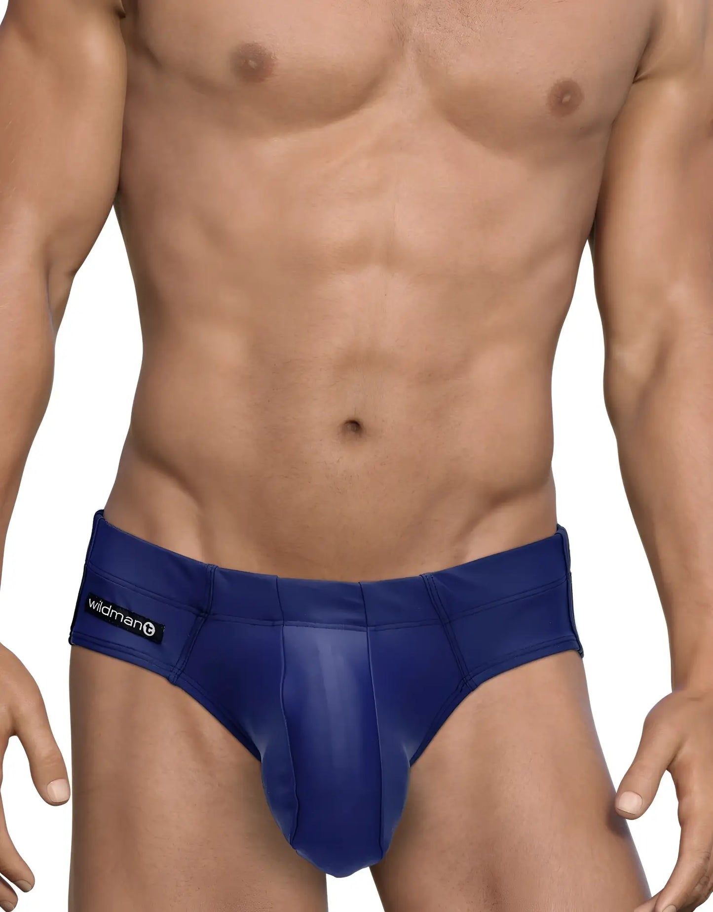 Royal blue glossy finish wildman men’s swim briefs with big boy pouch and branded waistband for a sleek fit