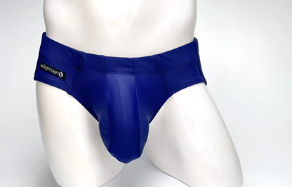 WildmanT Big Boy Pouch swim brief in navy blue on a white mannequin with a branded side tab.