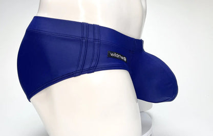 Wildmant big boy pouch swim brief navy in royal blue glossy nylon with contoured design and wildmen label on waistband