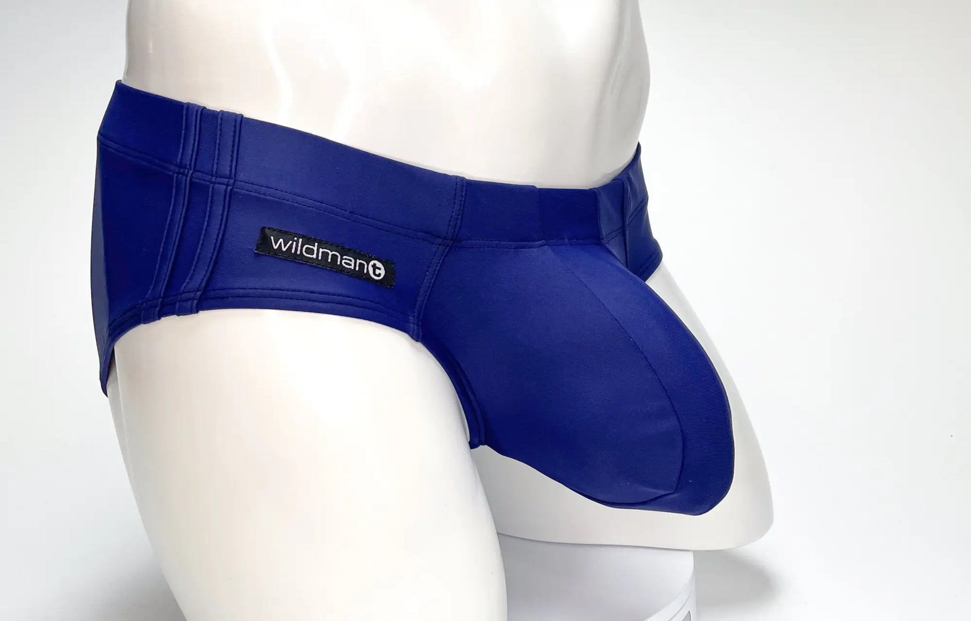 Royal blue synthetic wildmant big boy pouch swim brief navy with black brand label on the waistband
