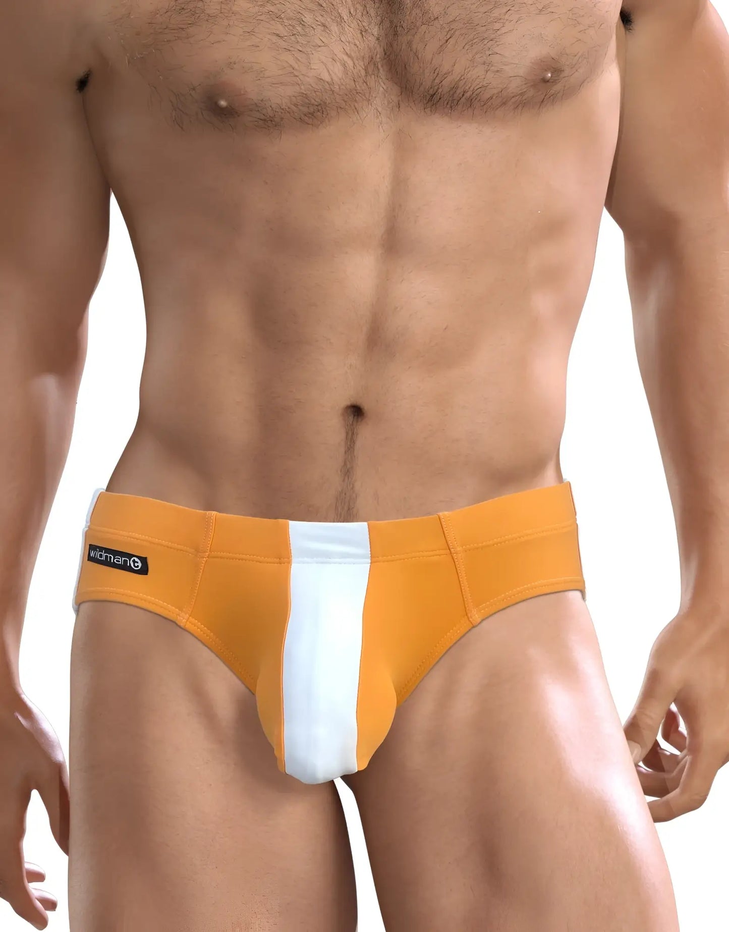 Wildmant big boy pouch swim brief in orange with white stripes and black brand tag on waistband for men