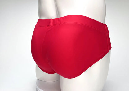 Bright red wildmant big boy pouch swim brief with smooth satin-like finish for swimming and beachwear