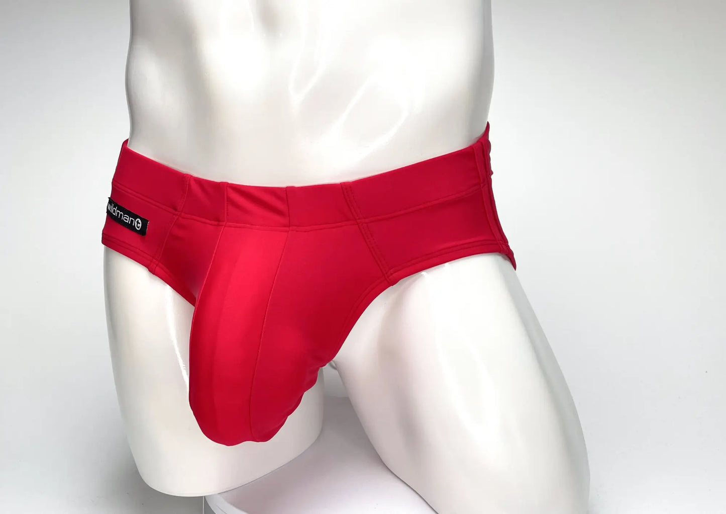 Wildmant big boy pouch swim brief in red with a snug fit and elastic waistband for men’s swimwear