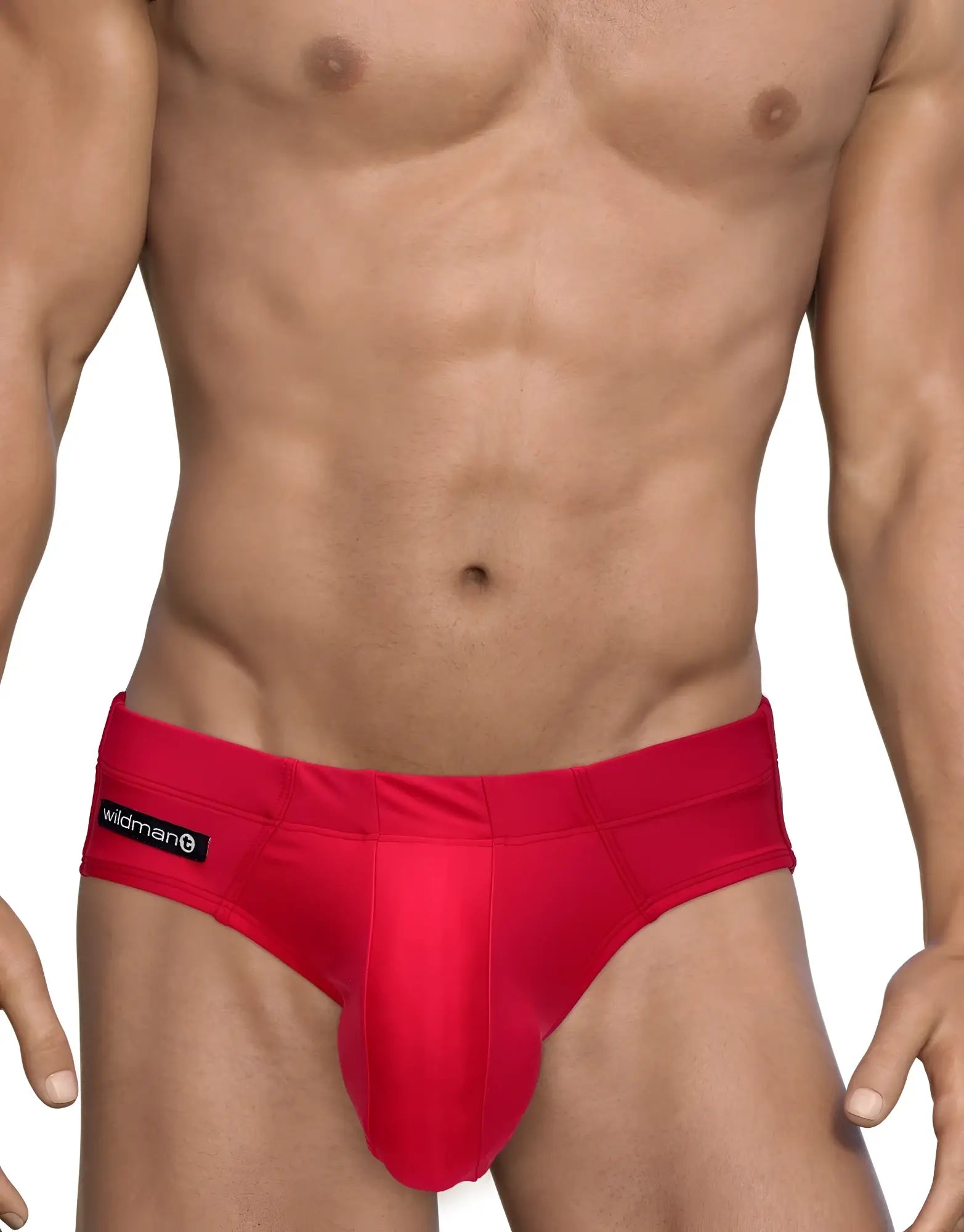 Red wildman big boy pouch swim brief with smooth form-fitting fabric and prominent central pouch
