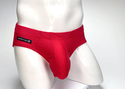 Wildmant big boy pouch swim brief in red with smooth form-fitting fabric and black label on the waistband