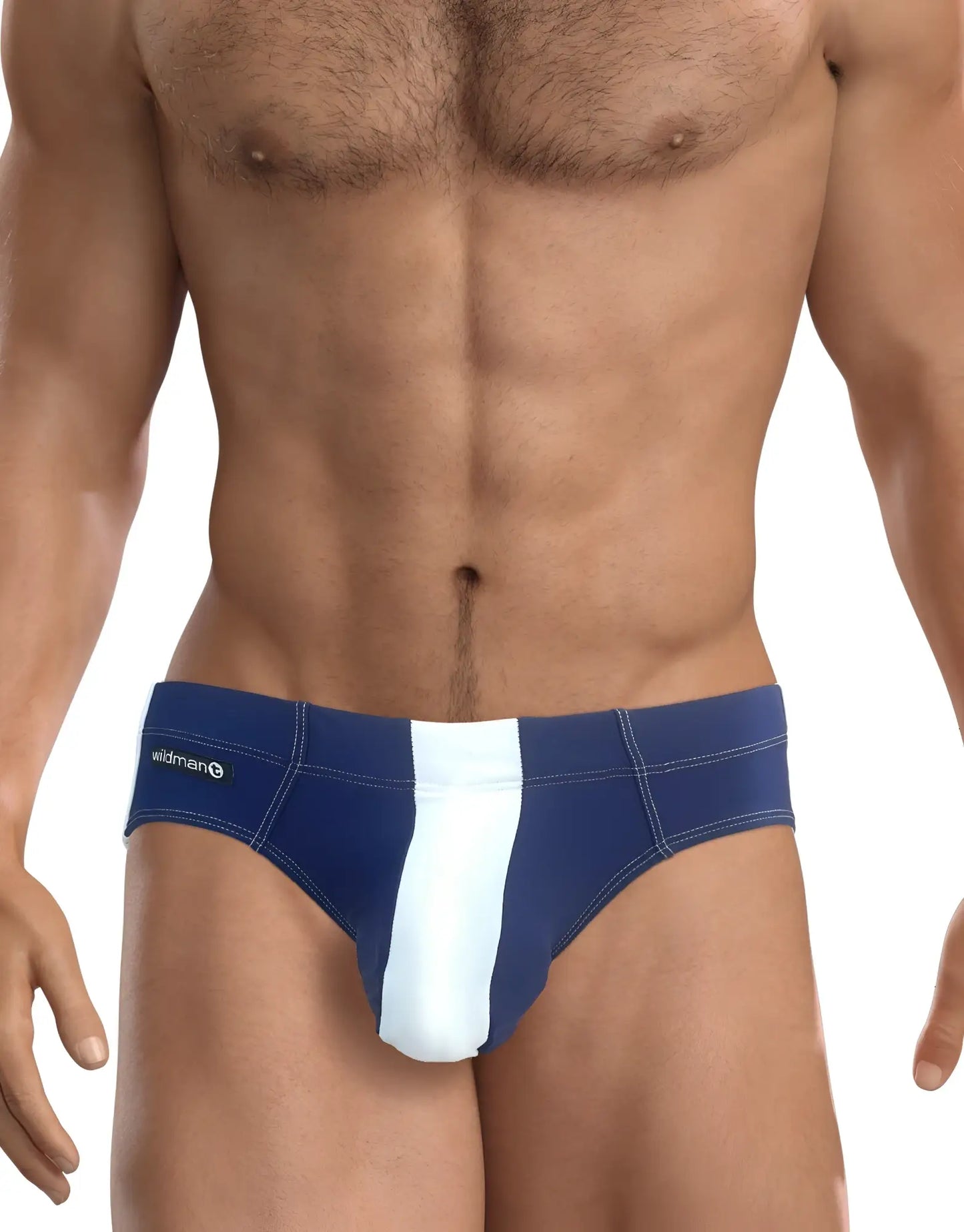 WildmanT Big Boy Pouch swim brief in royal blue with a vertical white center panel and side logo tag.