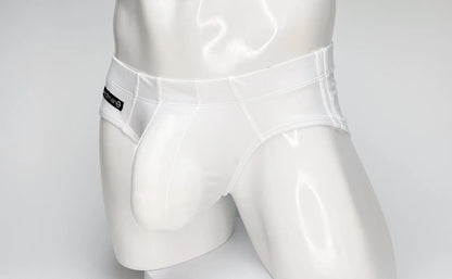 White glossy-finish men’s briefs with a sleek design and black brand tag on the waistband wildmant big boy pouch swim brief
