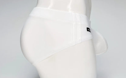 Wildmant big boy pouch white swim brief with sleek form-fitting design and subtle vertical stitching on side seam