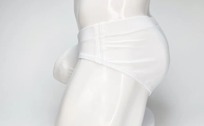 WildmanT big boy pouch swim brief in white with glossy smooth fabric and visible waistband stitching