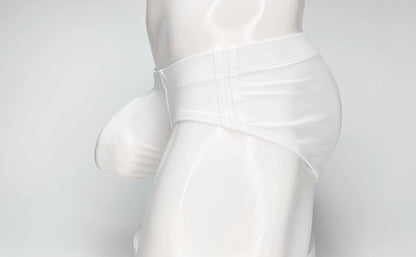 Wildmant big boy pouch swim brief in white satin with smooth glossy finish and tailored fit front view