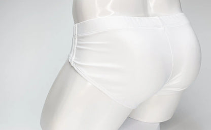 WildmanT big boy pouch swim brief in white satin with smooth glossy finish and clean stitching