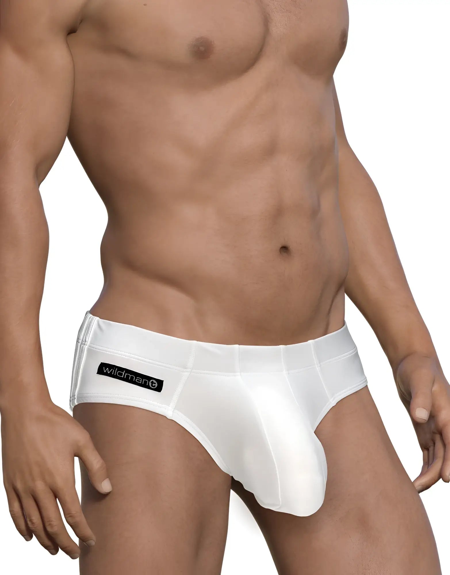 White sleek form-fitting men’s swim briefs with wildmanq branded waistband pouch for big boy comfort