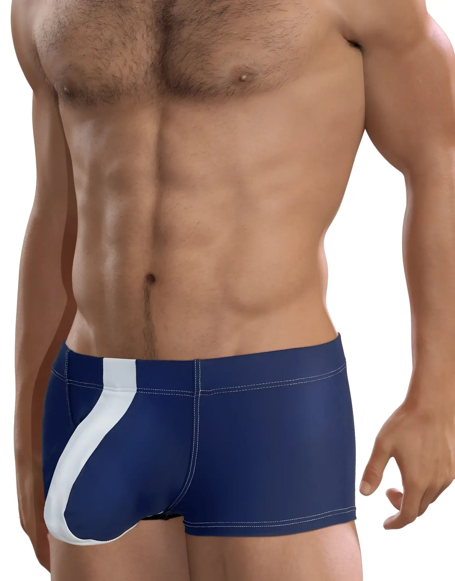 Wildmant big boy pouch swim square cut royal blue trunks with navy blue fabric white diagonal stripe and contrasting stitching
