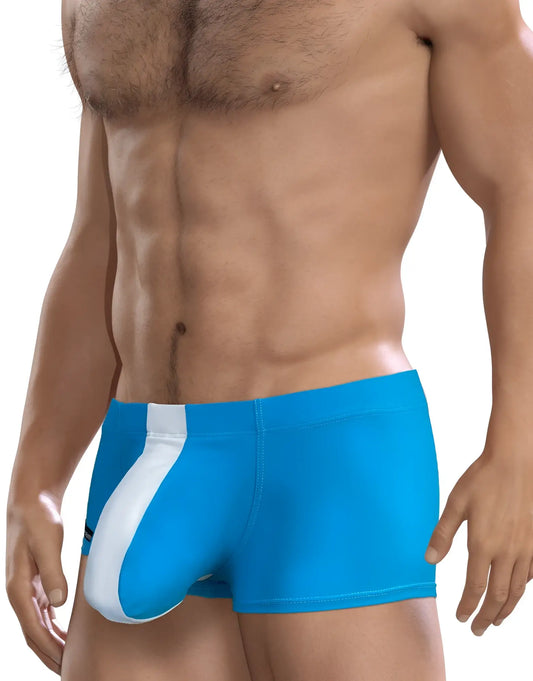 Wildmant big boy pouch swim square cut teal blue athletic briefs with bold white diagonal stripe for swimming