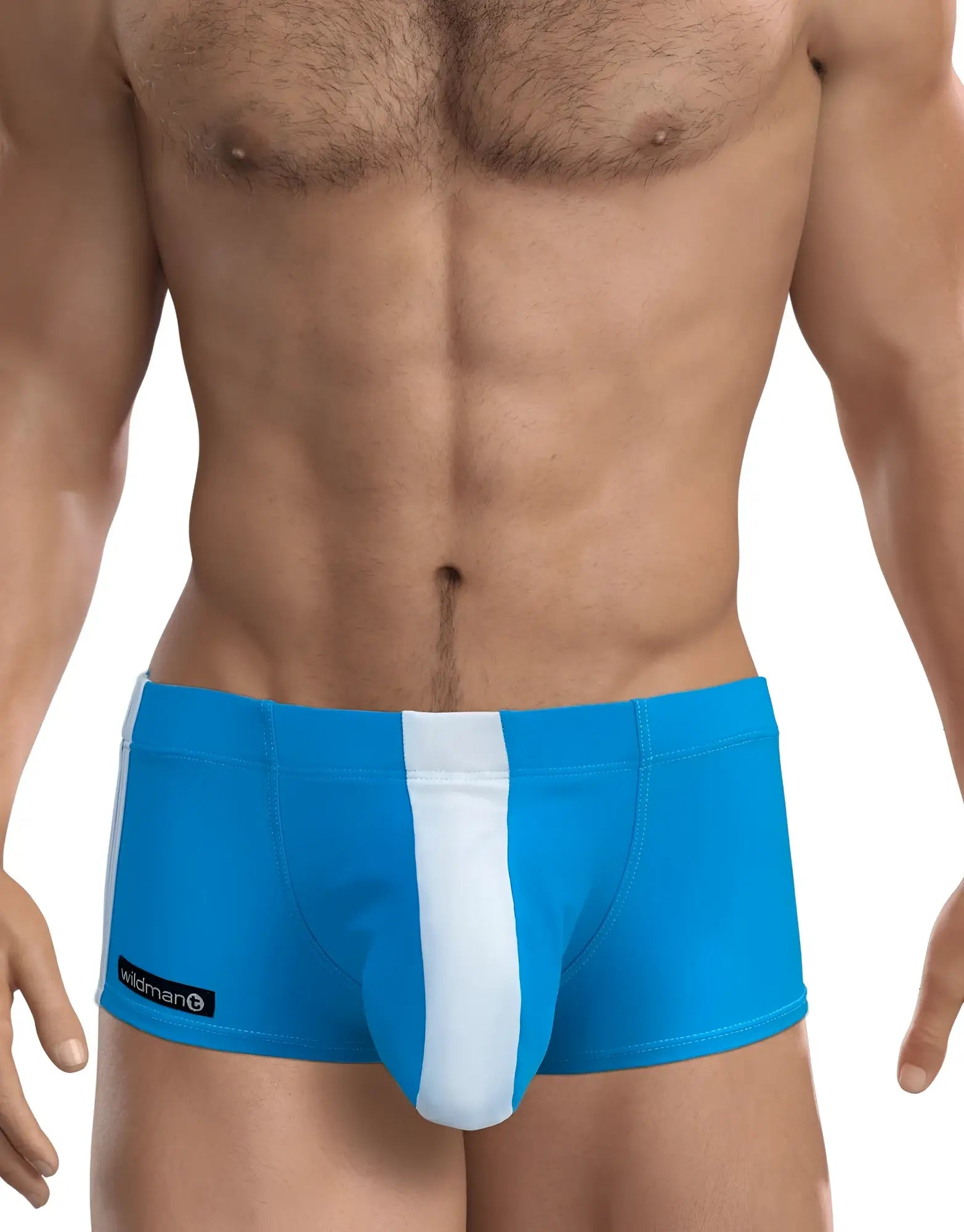 WildmanT big boy pouch swim square cut teal blue trunks with bold white stripe and black brand tag on left side