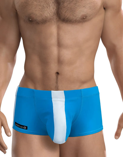 WildmanT big boy pouch swim square cut teal blue trunks with bold white stripe and black brand tag on left side