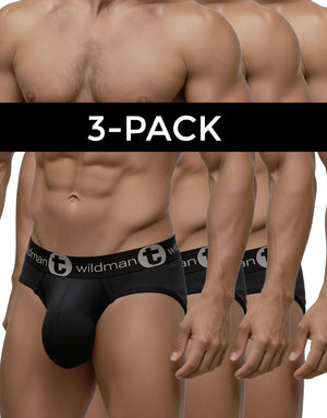 A three-pack of black Wildman T Big Boy pouch briefs, shown on a muscular model, featuring a logo waistband.