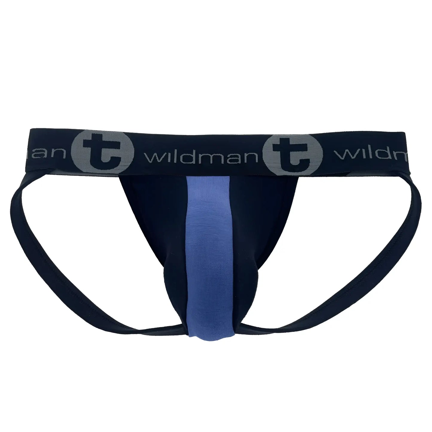 Black and royal blue wildman cotton big boy pouch stripe jockstrap with central vertical stripe and logo waistband