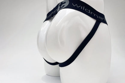 Black cotton WildmanT big boy pouch stripe jockstrap with black elastic waistband and wildman branding on mannequin
