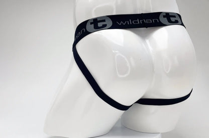 Black elastic waistband with wildnan branding on white mannequin of wildmant cotton big boy pouch stripe jockstrap black royal blue