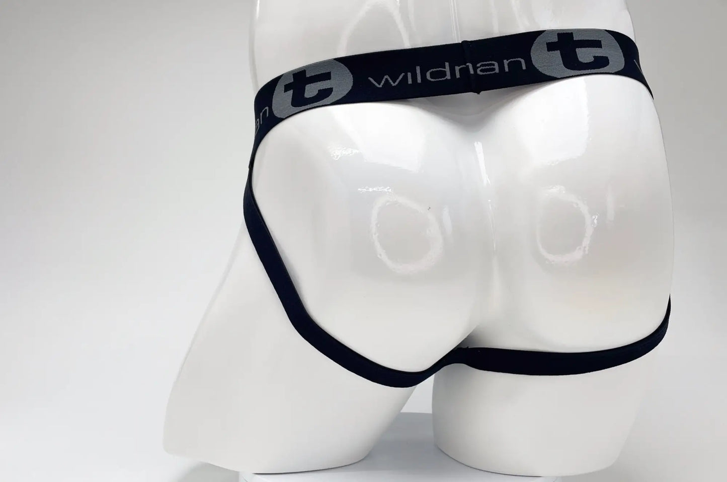 Black elastic waistband with wildran branding on white cotton wildmanT big boy pouch stripe jockstrap in black and royal blue