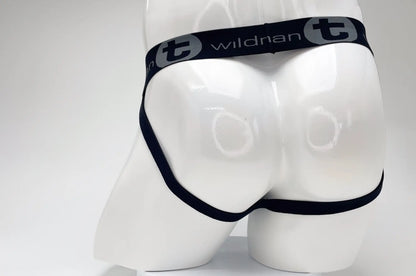 Black elastic waistband with wildran branding on white cotton wildmanT big boy pouch stripe jockstrap in black and royal blue